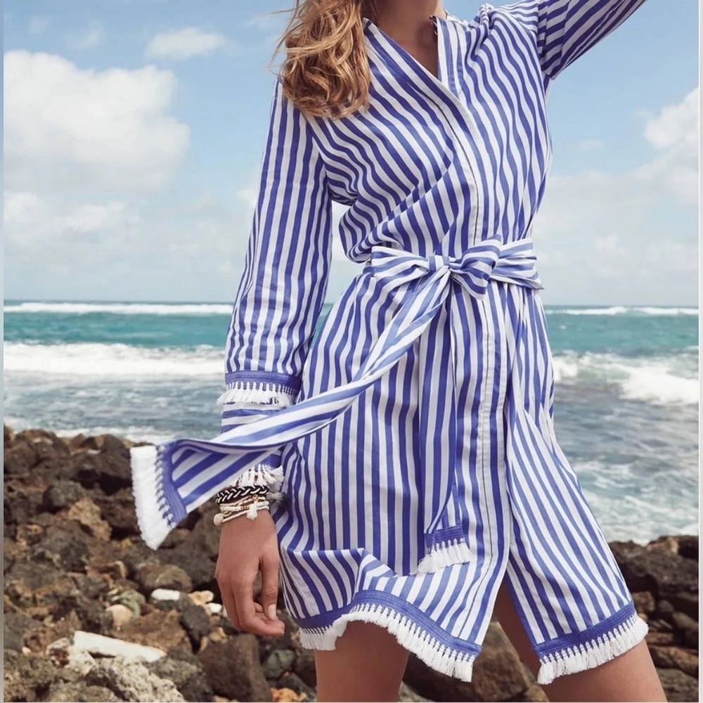 J. Crew Long Sleeve Belted Cotton Poplin Striped Tunic Dress